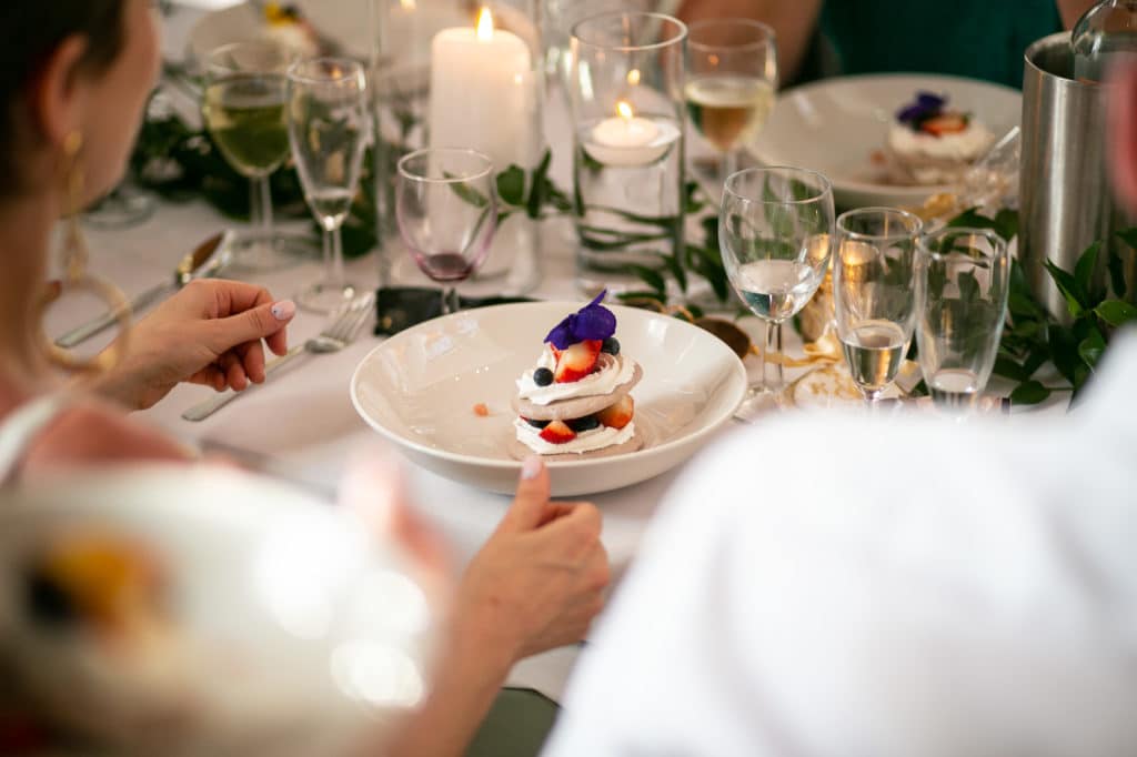 Dessert with fruit and cream served at Salomons Estate